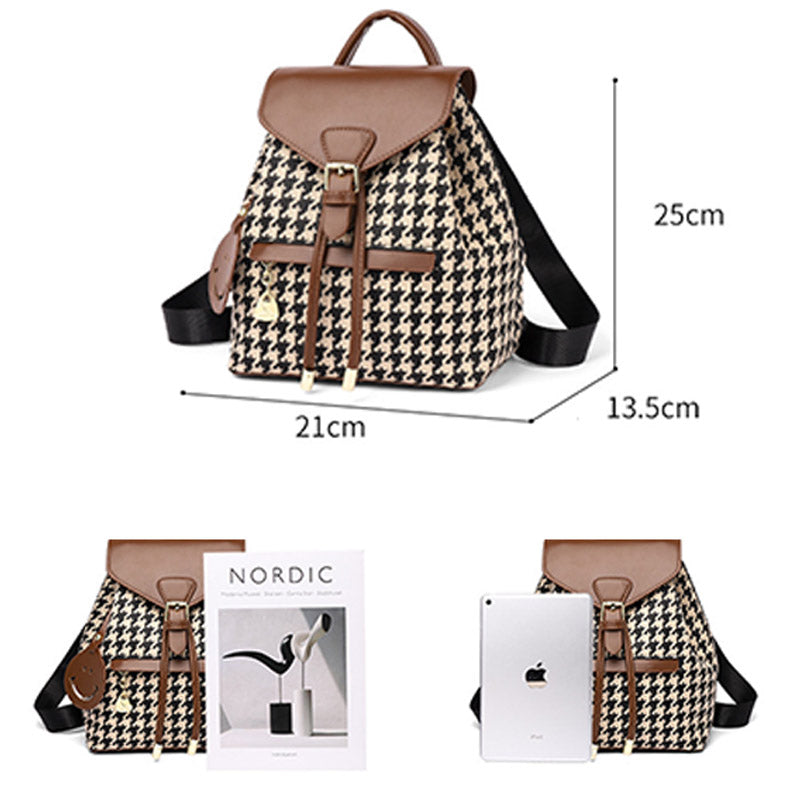 Mini-Rucksack für Damen mit Hahnentrittmuster – Tagesrucksack aus Leder mit Klappe