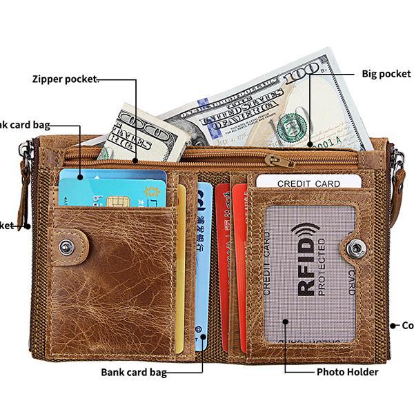Men’s Genuine Leather RFID Wallet – Multi - Card & Coin Pockets, Zipper & Buckle Closure - VOTVO
