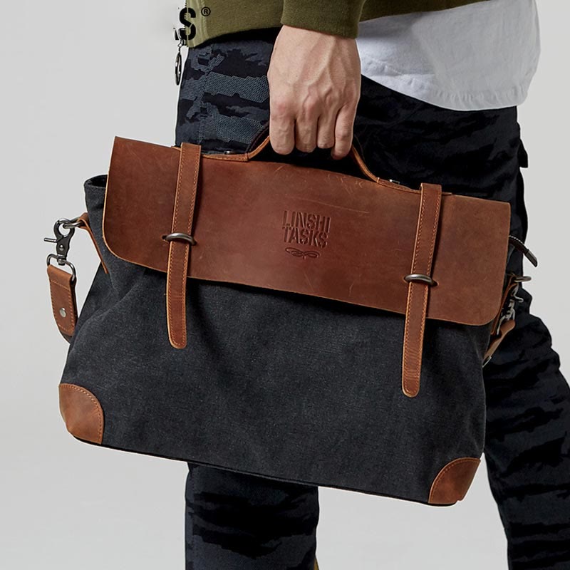 Messenger Bag for Men – Canvas Vintage Crossbody Handbag with Crazy Horse Leather, Casual Business Document Bag - VOTVO