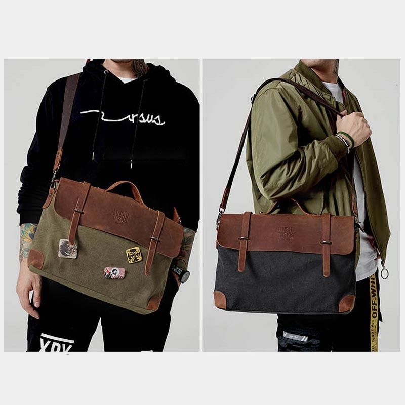 Messenger Bag for Men – Canvas Vintage Crossbody Handbag with Crazy Horse Leather, Casual Business Document Bag - VOTVO