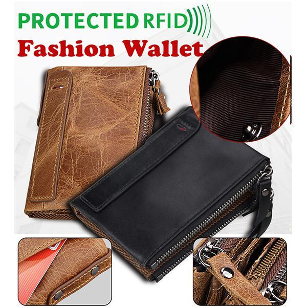 Men’s Genuine Leather RFID Wallet – Multi - Card & Coin Pockets, Zipper & Buckle Closure - VOTVO