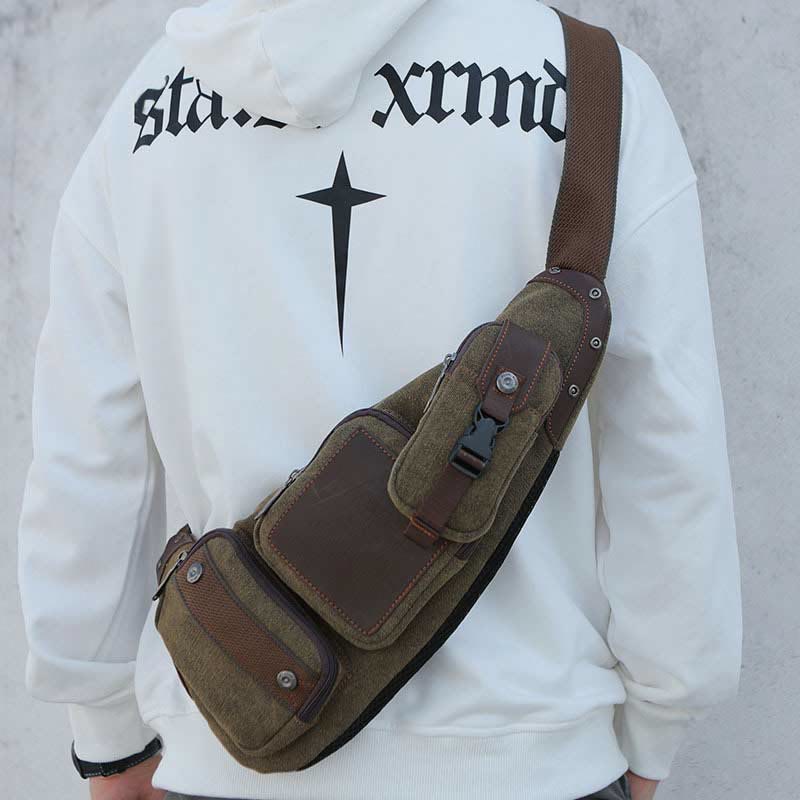 Vintage Canvas Sling Bag for Men - Black & Saddle Brown Crossbody Business Bag - VOTVO