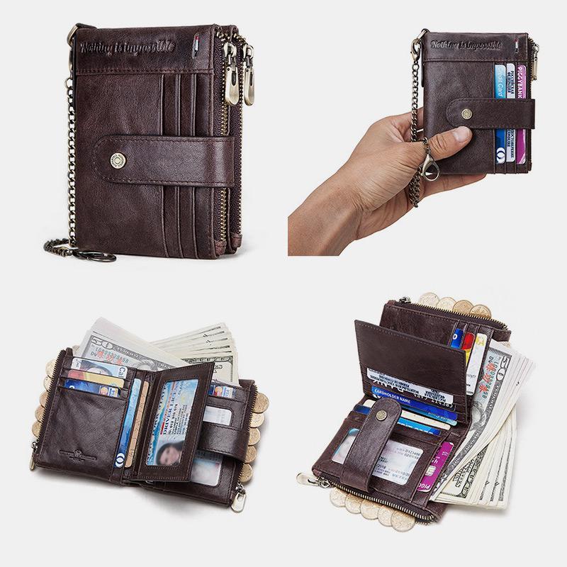 RFID Anti-Theft Large Capacity Genuine Leather Wallet with Chain – Secure & Stylish