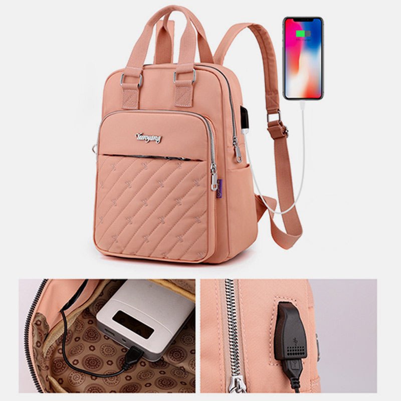 Lightweight Embossed Embroidery Backpack with USB Charging Port – Perfect for Women on the Go - VOTVO