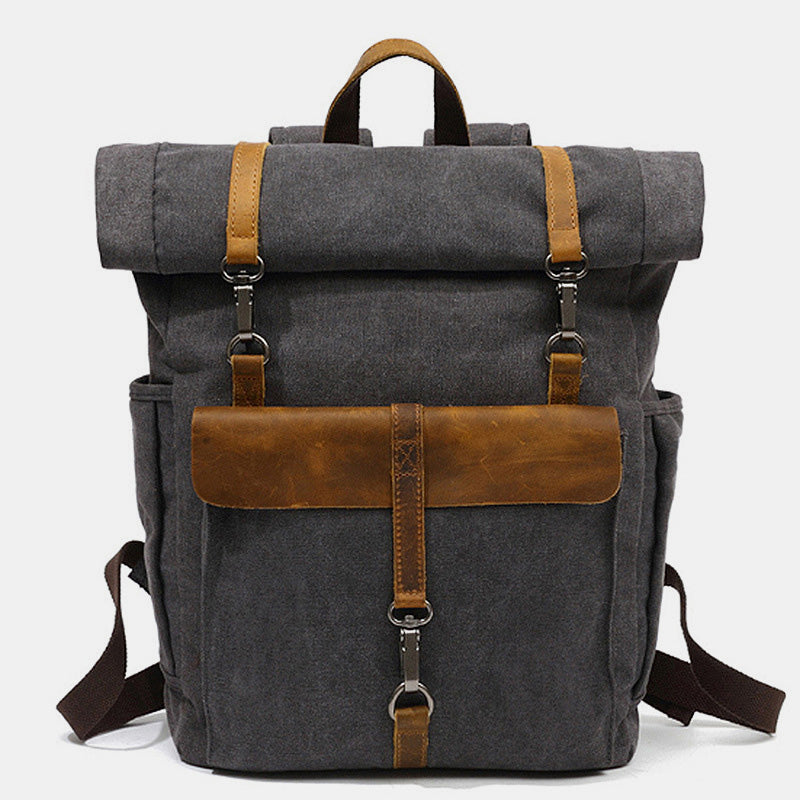 Unisex Canvas & Leather Hiking Travel Backpack – Durable Rucksack School Bag Daypack