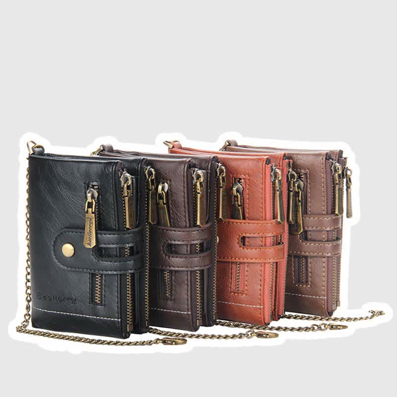 Trifold Leather Wallet for Men with Coin Purse, Snap Zip Closure & Chain – PU Leather, 12 Card Slots