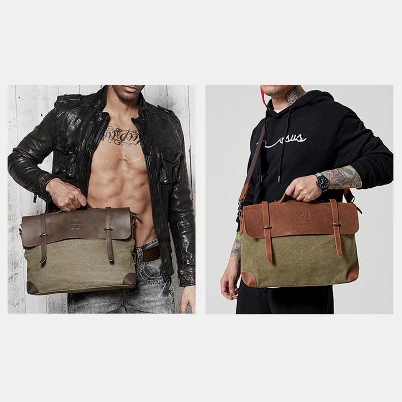 Messenger Bag for Men – Canvas Vintage Crossbody Handbag with Crazy Horse Leather, Casual Business Document Bag - VOTVO