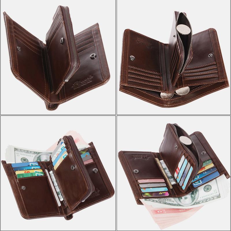 RFID Large Capacity Bifold Wallet for Men – Retro Genuine Leather with 20 Card Slots & Zipper Pockets - VOTVO