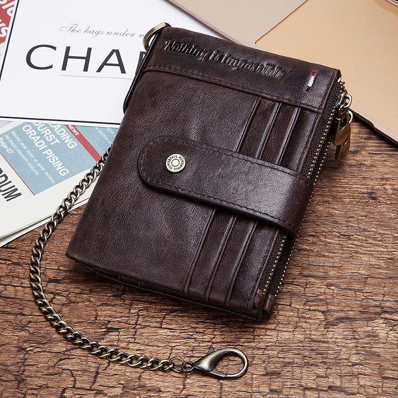 RFID Anti-Theft Large Capacity Genuine Leather Wallet with Chain – Secure & Stylish