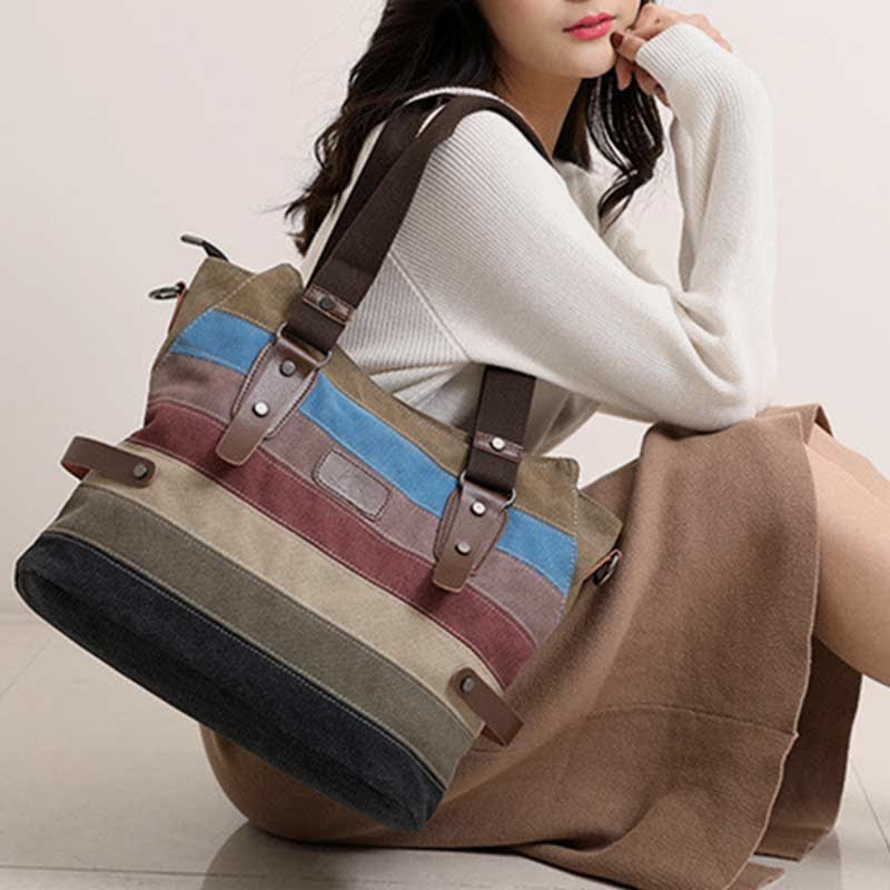Multifunction Color Block Canvas Tote Bag | Hobo Shoulder Bag & Crossbody Purse - VOTVO