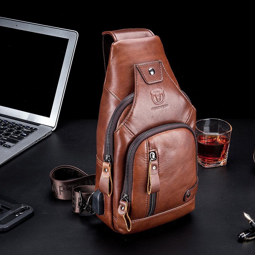 USB Charging Real Leather Sling Bag for Men – Crossbody Shoulder Bag with Adjustable Straps