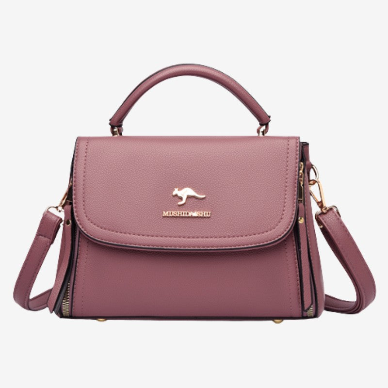 Medium Double Compartment Leather Satchel Handbag with Crossbody Strap – Stylish Top Handle Purse for Women
