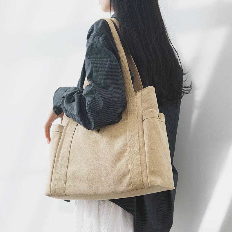 Large Capacity Canvas Shoulder Tote Bag – Multi-Pocket Handbag for Shopping, Travel & Everyday Use