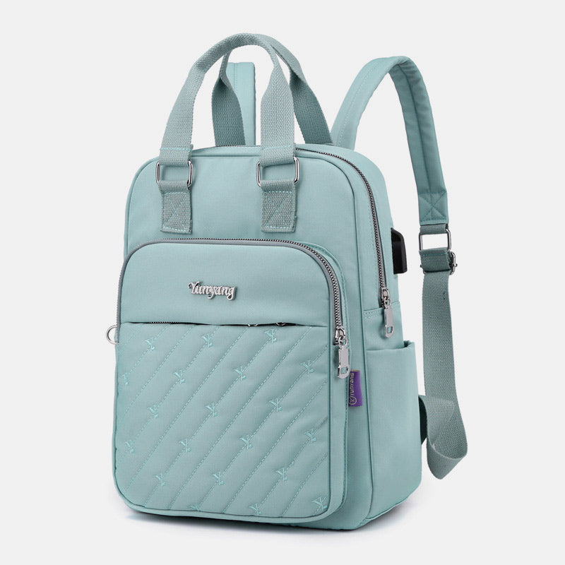 Lightweight Embossed Embroidery Backpack with USB Charging Port – Perfect for Women on the Go