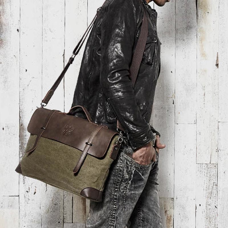 Messenger Bag for Men – Canvas Vintage Crossbody Handbag with Crazy Horse Leather, Casual Business Document Bag - VOTVO