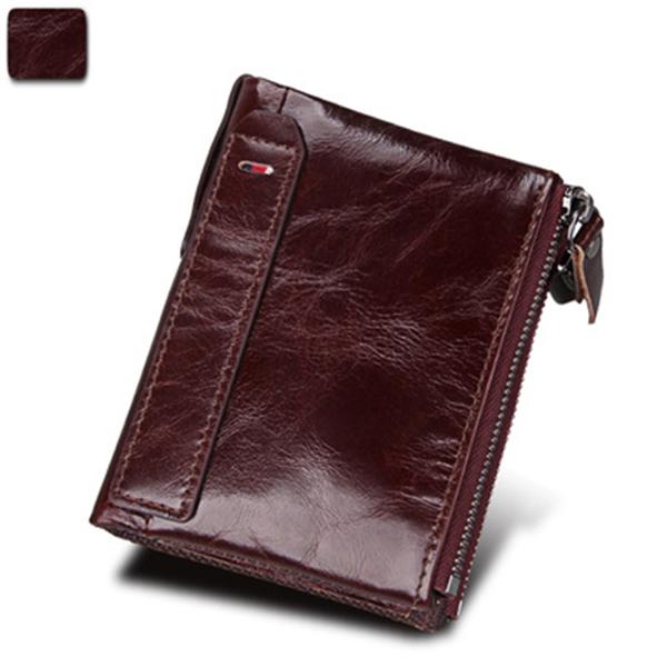 Men’s Genuine Leather RFID Wallet – Multi-Card & Coin Pockets, Zipper & Buckle Closure