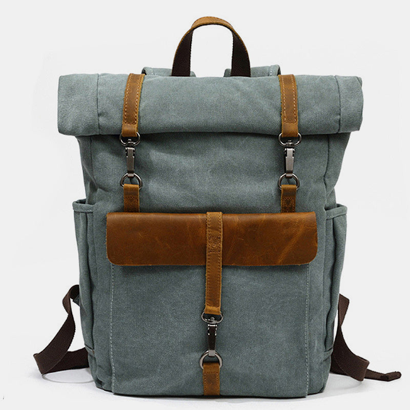 Unisex Canvas & Leather Hiking Travel Backpack – Durable Rucksack School Bag Daypack