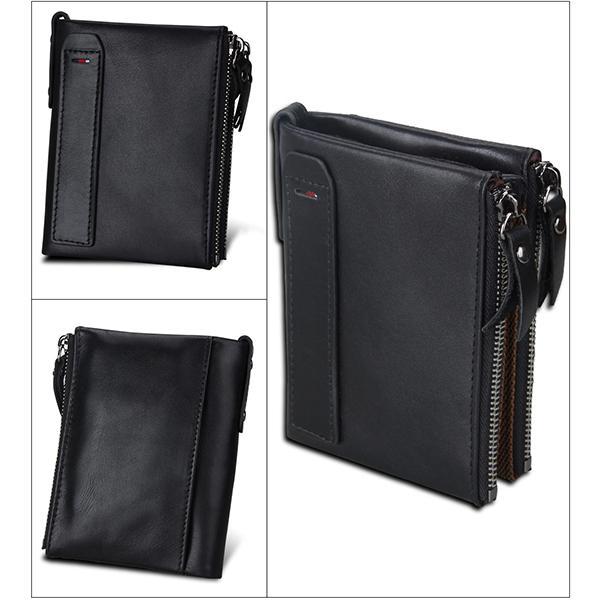 Men’s Genuine Leather RFID Wallet – Multi-Card & Coin Pockets, Zipper & Buckle Closure