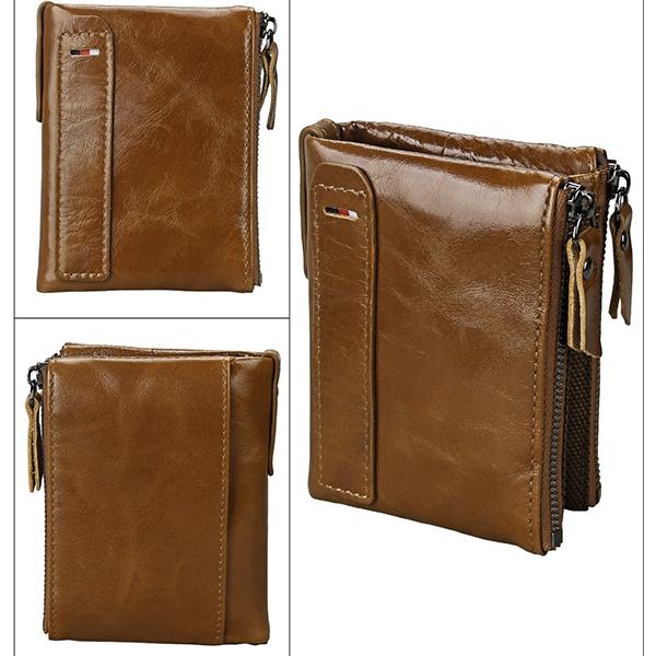 Men’s Genuine Leather RFID Wallet – Multi-Card & Coin Pockets, Zipper & Buckle Closure
