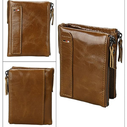 Men’s Genuine Leather RFID Wallet – Multi-Card & Coin Pockets, Zipper & Buckle Closure