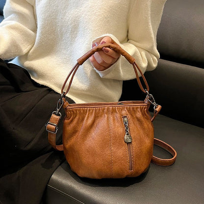 Pleated Bucket Leather Handbag – Casual Soft Shoulder Bag for Women