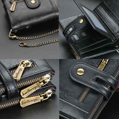 Trifold Leather Wallet for Men with Coin Purse, Snap Zip Closure & Chain – PU Leather, 12 Card Slots