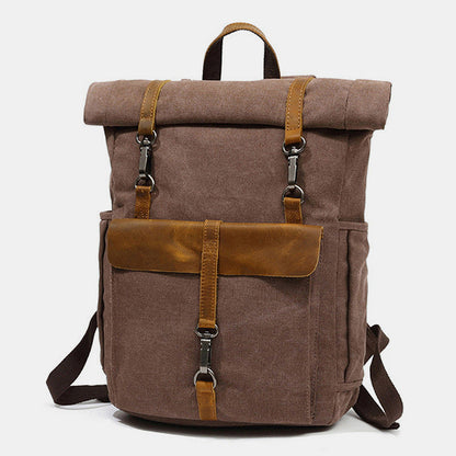 Unisex Canvas & Leather Hiking Travel Backpack – Durable Rucksack School Bag Daypack
