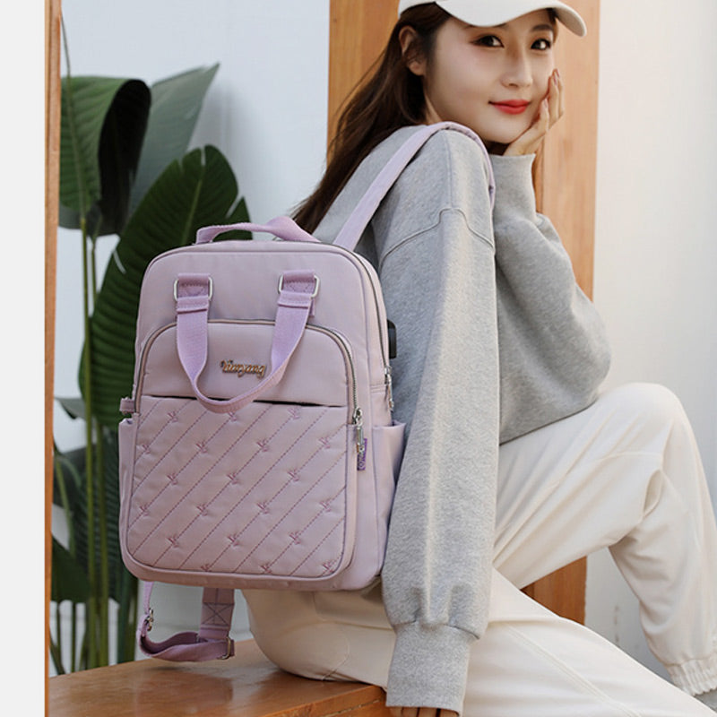 Lightweight Embossed Embroidery Backpack with USB Charging Port – Perfect for Women on the Go