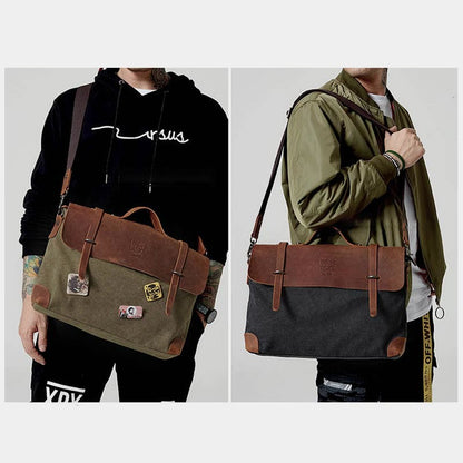 Messenger Bag for Men – Canvas Vintage Crossbody Handbag with Crazy Horse Leather, Casual Business Document Bag - VOTVO