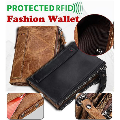 Men’s Genuine Leather RFID Wallet – Multi - Card & Coin Pockets, Zipper & Buckle Closure - VOTVO