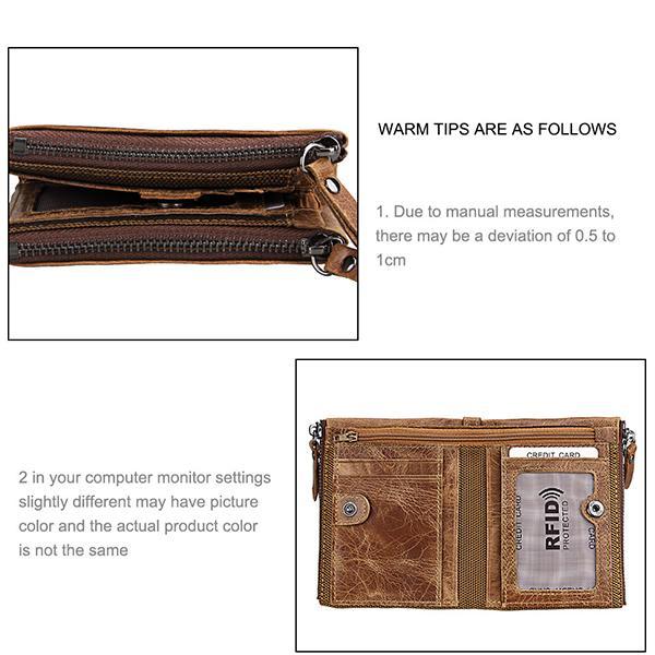 Men’s Genuine Leather RFID Wallet – Multi-Card & Coin Pockets, Zipper & Buckle Closure