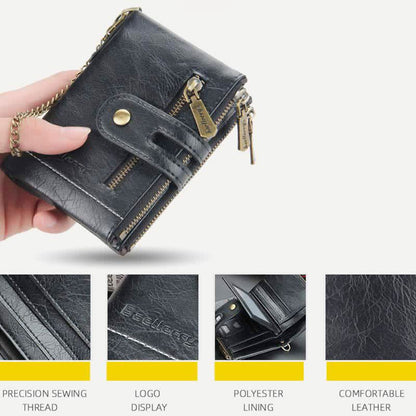 Trifold Leather Wallet for Men with Coin Purse, Snap Zip Closure & Chain – PU Leather, 12 Card Slots