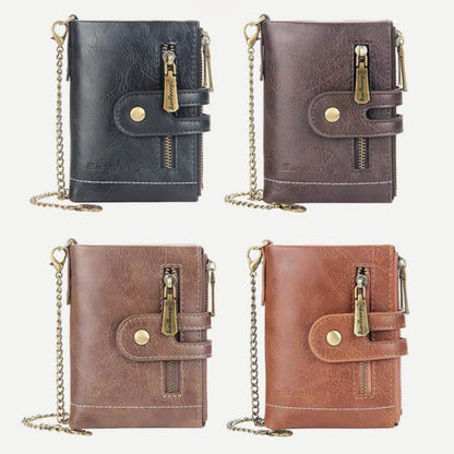 Trifold Leather Wallet for Men with Coin Purse, Snap Zip Closure & Chain – PU Leather, 12 Card Slots