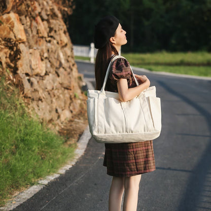 Minimalist Large Capacity Tote Bag for Women – Canvas Shoulder Bag with Zipper Closure