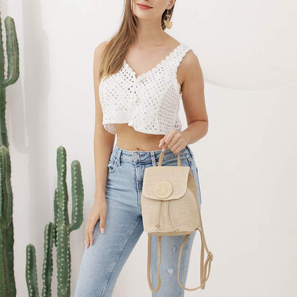Women’s Straw Backpack – Summer Beach Woven Drawstring Handbag - VOTVO