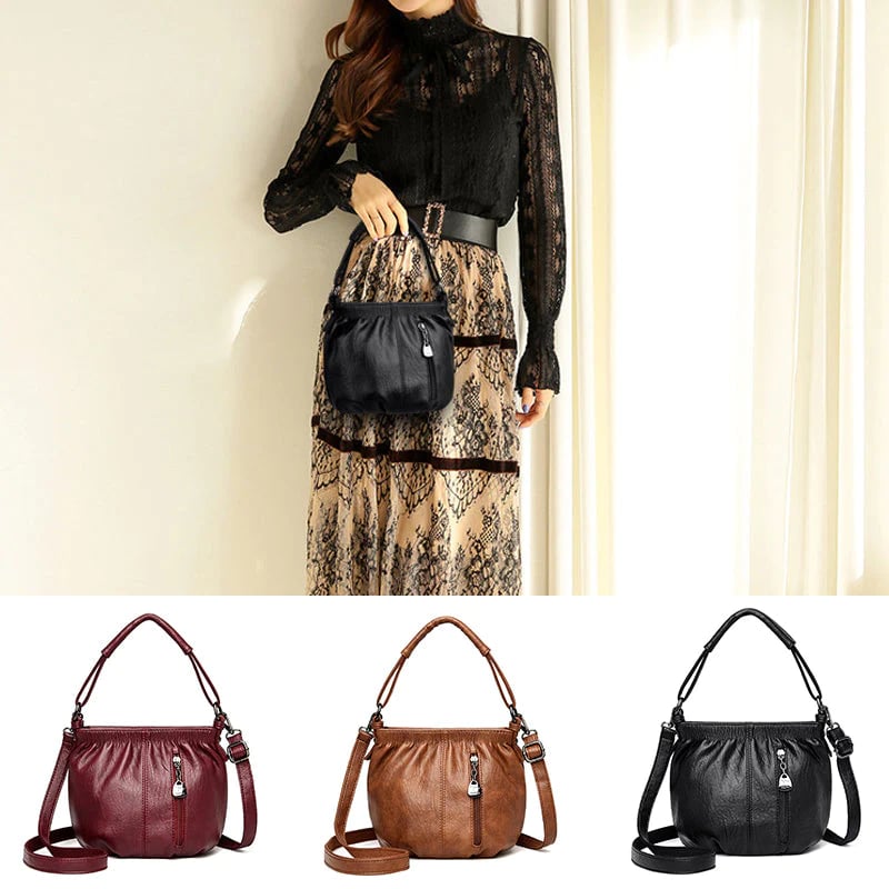 Pleated Bucket Leather Handbag – Casual Soft Shoulder Bag for Women