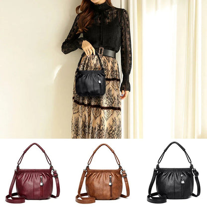 Pleated Bucket Leather Handbag – Casual Soft Shoulder Bag for Women