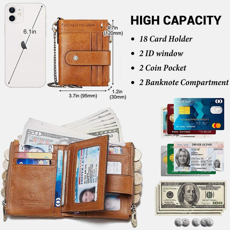 RFID Anti-Theft Large Capacity Genuine Leather Wallet with Chain – Secure & Stylish
