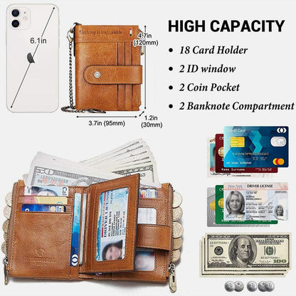 RFID Anti-Theft Large Capacity Genuine Leather Wallet with Chain – Secure & Stylish