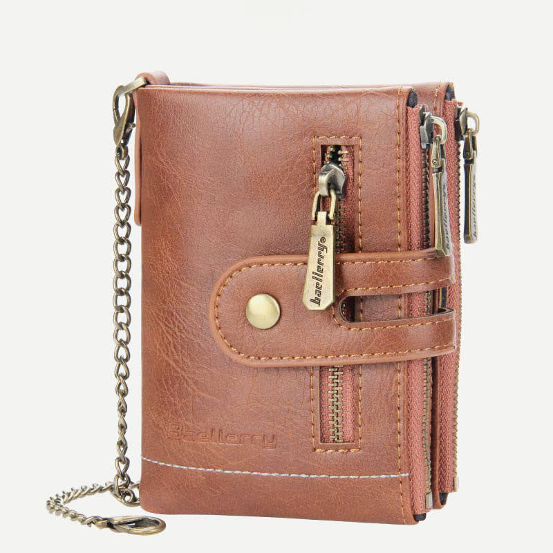 Trifold Leather Wallet for Men with Coin Purse, Snap Zip Closure & Chain – PU Leather, 12 Card Slots