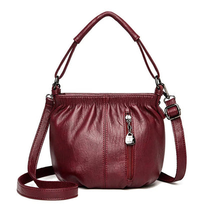 Pleated Bucket Leather Handbag – Casual Soft Shoulder Bag for Women