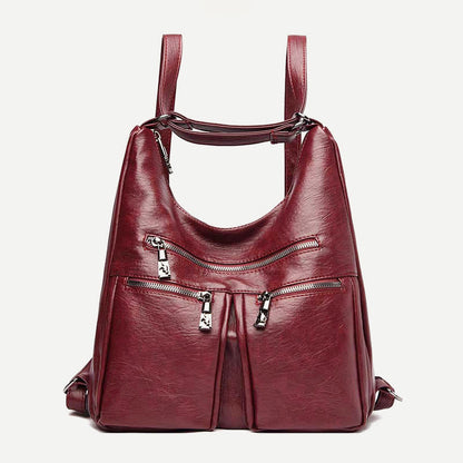 3-Way Use Backpack Multi-Pocket Leather Zip Crossbody Shoulder Bag