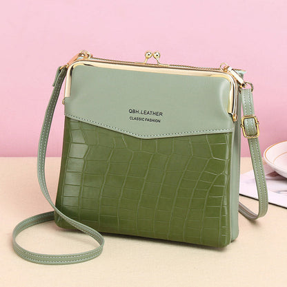 Women’s Leather Crossbody Handbag – Double Compartment Kiss Lock Shoulder Bag