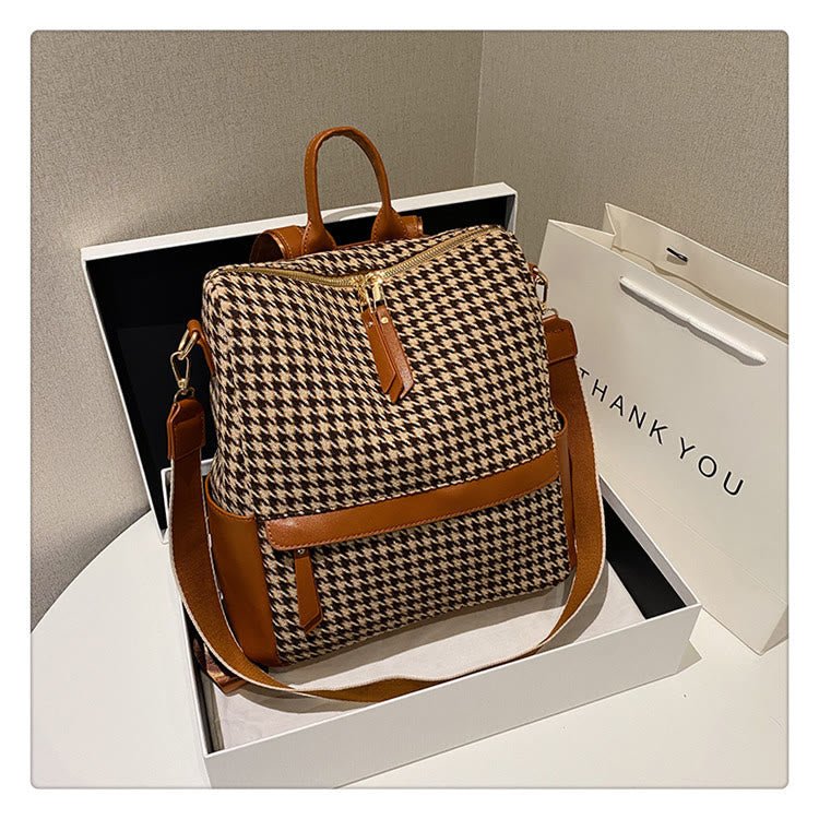 Oil Painting Canvas Backpack – Retro Houndstooth Large Student Daypack for Women, Stylish and Practica - VOTVO