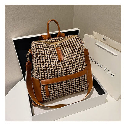 Oil Painting Canvas Backpack – Retro Houndstooth Large Student Daypack for Women, Stylish and Practica - VOTVO