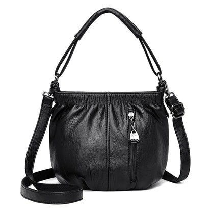 Pleated Bucket Leather Handbag – Casual Soft Shoulder Bag for Women