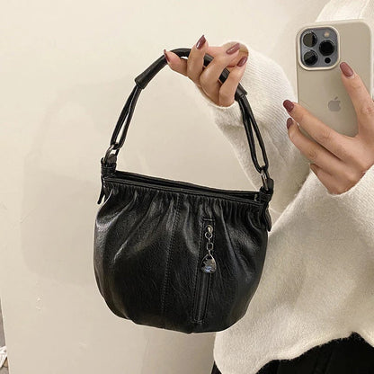 Pleated Bucket Leather Handbag – Casual Soft Shoulder Bag for Women