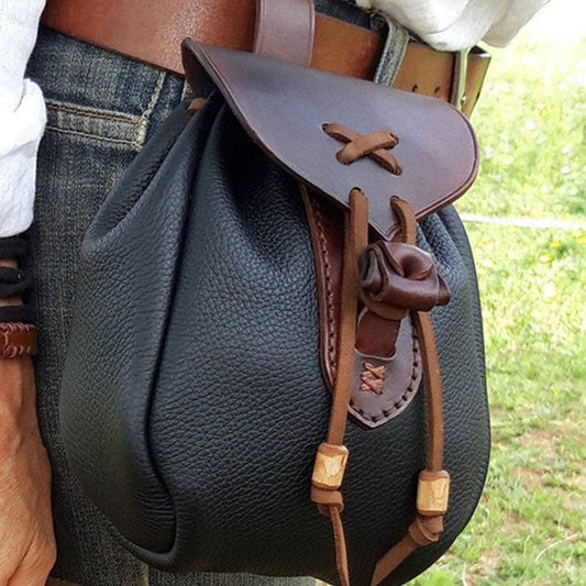 Retro Medieval Leather Waist Bag – EDC Belt Pouch with Drawstring Closure