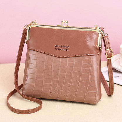 Women’s Leather Crossbody Handbag – Double Compartment Kiss Lock Shoulder Bag