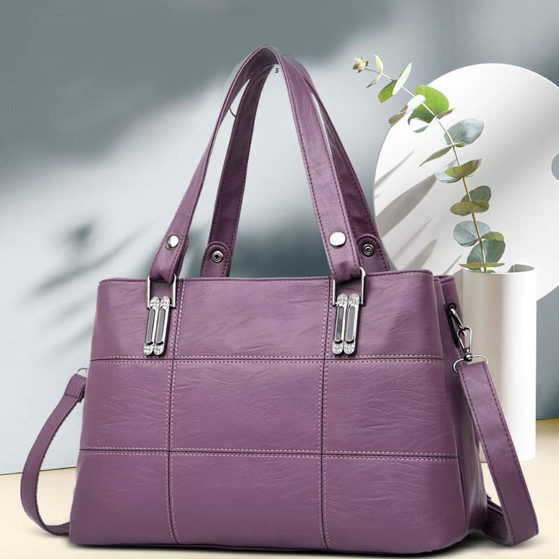 Triple Compartment Women’s Leather Tote Shoulder Handbag with Crossbody Strap